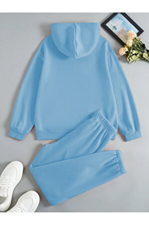 Brooklyn Usa Kapüşonlu Kombin Alt Üst Eşofman Takımı - Bebe Mavi Baskılı Oversize Lastik Paça