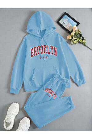 Brooklyn Usa Kapüşonlu Kombin Alt Üst Eşofman Takımı - Bebe Mavi Baskılı Oversize Lastik Paça