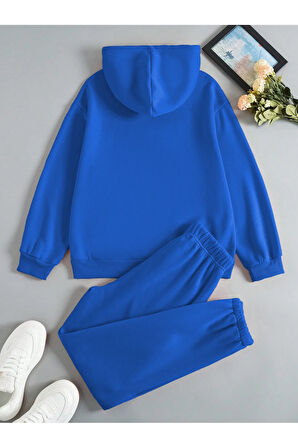 Brooklyn Usa Kapüşonlu Kombin Alt Üst Eşofman Takımı - Sax Mavi Baskılı Oversize Lastik Paça