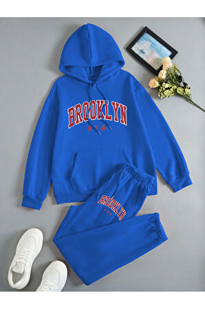 Brooklyn Usa Kapüşonlu Kombin Alt Üst Eşofman Takımı - Sax Mavi Baskılı Oversize Lastik Paça