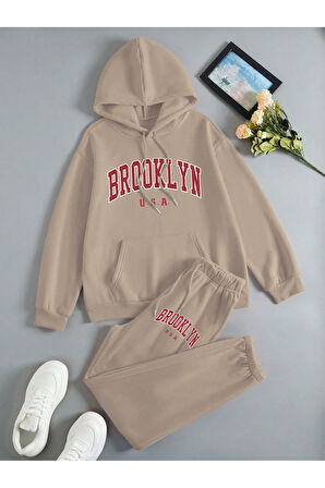 Brooklyn Usa Kapüşonlu Kombin Alt Üst Eşofman Takımı - Bej Baskılı Oversize Lastik Paça