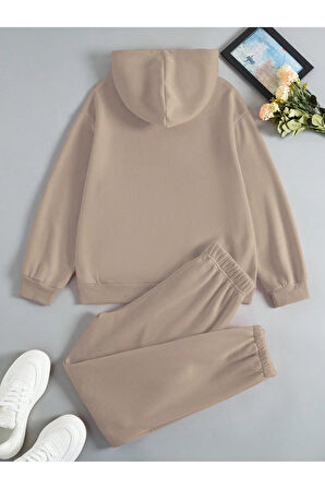 Brooklyn Usa Kapüşonlu Kombin Alt Üst Eşofman Takımı - Bej Baskılı Oversize Lastik Paça