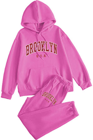 Brooklyn Usa Kapüşonlu Kombin Alt Üst Eşofman Takımı - Pembe Baskılı Oversize Lastik Paça