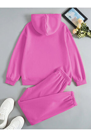 Brooklyn Usa Kapüşonlu Kombin Alt Üst Eşofman Takımı - Pembe Baskılı Oversize Lastik Paça