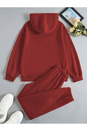 Brooklyn Usa Kapüşonlu Kombin Alt Üst Eşofman Takımı - Kırmızı Baskılı Oversize Lastik Paça