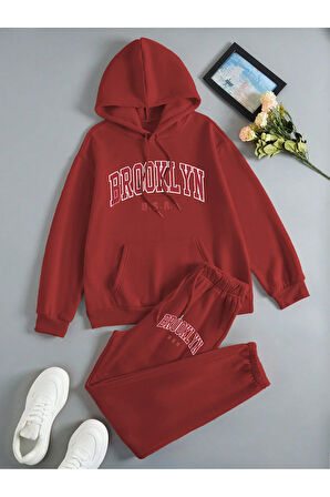 Brooklyn Usa Kapüşonlu Kombin Alt Üst Eşofman Takımı - Kırmızı Baskılı Oversize Lastik Paça