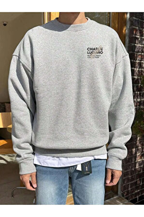 Charlie Luciano Tasarım Kışlık Sweatshirt - Gri Baskılı Oversize Şardonlu Bisiklet Yaka