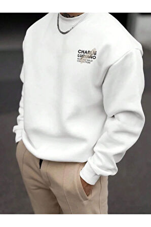 Charlie Luciano Tasarım Kışlık Sweatshirt - Beyaz Baskılı Oversize Şardonlu Bisiklet Yaka