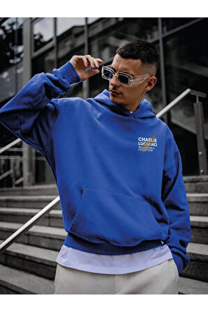 Charlie Luciano Tasarım Kışlık Sweatshirt - Sax Mavi Baskılı Oversize Şardonlu Kapüşonlu