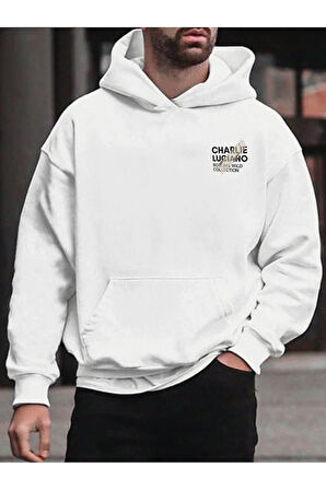 Charlie Luciano Tasarım Kışlık Sweatshirt - Beyaz Baskılı Oversize Şardonlu Kapüşonlu