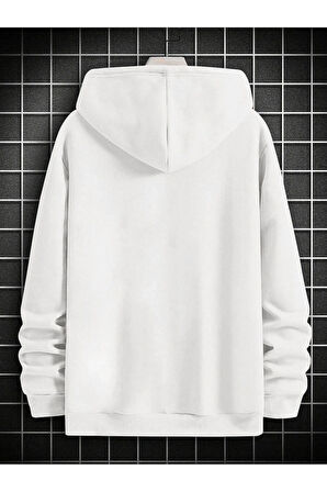 Charlie Luciano Tasarım Kışlık Sweatshirt - Beyaz Baskılı Oversize Şardonlu Kapüşonlu