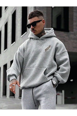 Charlie Luciano Tasarım Kışlık Sweatshirt - Gri Baskılı Oversize Şardonlu Kapüşonlu