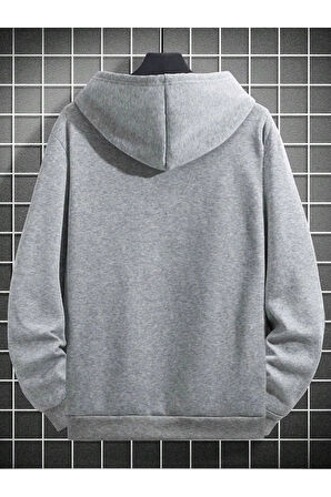 Charlie Luciano Tasarım Kışlık Sweatshirt - Gri Baskılı Oversize Şardonlu Kapüşonlu