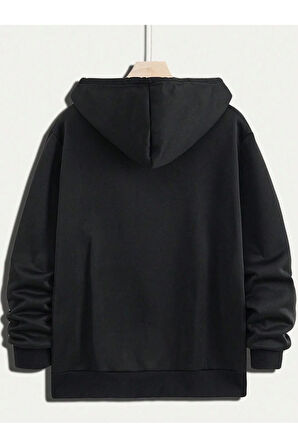 Charlie Luciano Tasarım Kışlık Sweatshirt - Siyah Baskılı Oversize Şardonlu Kapüşonlu