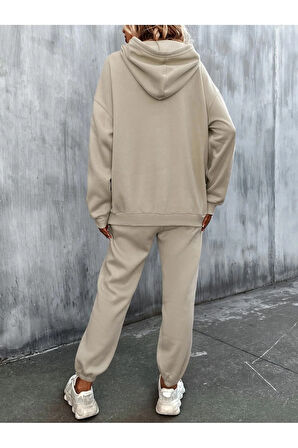 Kadın Bej Happiness Alt Üst Eşofman Takımı Oversize Kapüşonlu