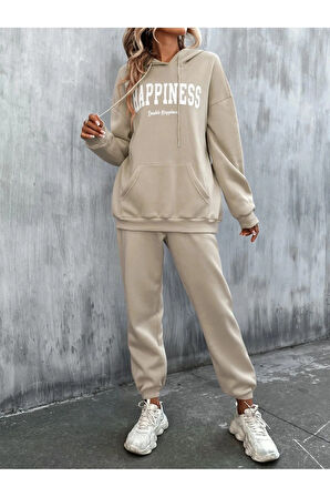 Kadın Bej Happiness Alt Üst Eşofman Takımı Oversize Kapüşonlu