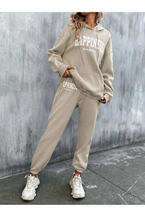 Kadın Bej Happiness Alt Üst Eşofman Takımı Oversize Kapüşonlu