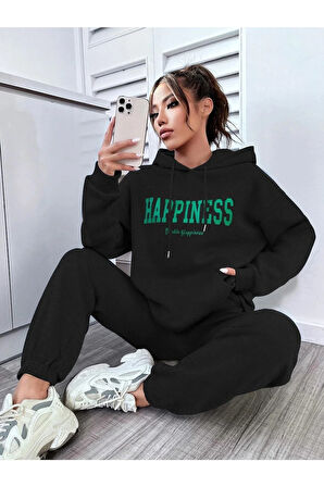 Kadın Siyah Happiness Alt Üst Eşofman Takımı Oversize Kapüşonlu