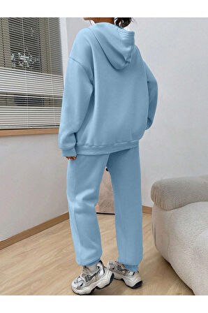 Kadın Bebe Mavi Happiness Alt Üst Eşofman Takımı Oversize Kapüşonlu