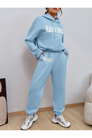 Kadın Bebe Mavi Happiness Alt Üst Eşofman Takımı Oversize Kapüşonlu