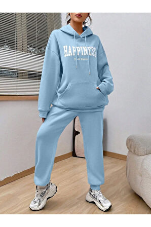 Kadın Bebe Mavi Happiness Alt Üst Eşofman Takımı Oversize Kapüşonlu
