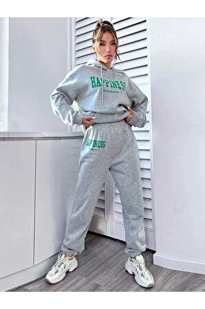 Kadın Gri Happiness Alt Üst Eşofman Takımı Oversize Kapüşonlu