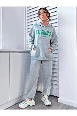 Kadın Gri Happiness Alt Üst Eşofman Takımı Oversize Kapüşonlu