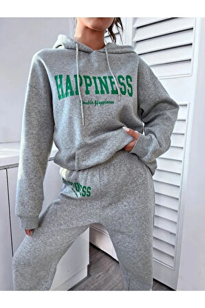 Kadın Gri Happiness Alt Üst Eşofman Takımı Oversize Kapüşonlu