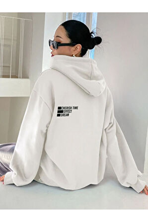 Cherish Time Sweatshirt - Beyaz Baskılı Oversize Şardonlu Kapüşonlu