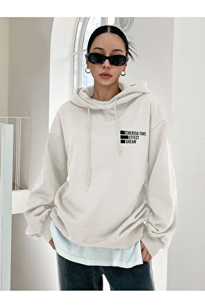 Cherish Time Sweatshirt - Beyaz Baskılı Oversize Şardonlu Kapüşonlu