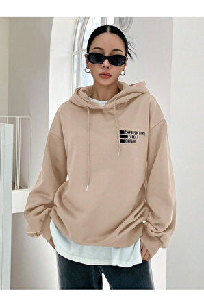 Cherish Time Sweatshirt - Bej Baskılı Oversize Şardonlu Kapüşonlu