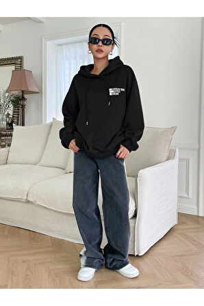 Cherish Time Sweatshirt - Siyah Baskılı Oversize Şardonlu Kapüşonlu