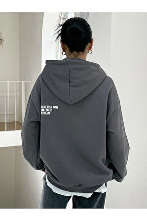 Cherish Time Sweatshirt - Füme Baskılı Oversize Şardonlu Kapüşonlu