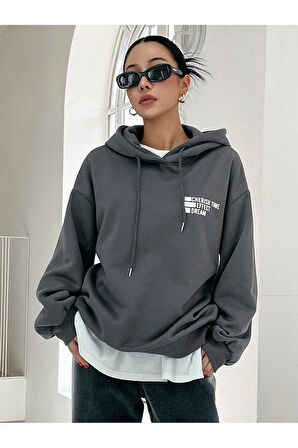 Cherish Time Sweatshirt - Füme Baskılı Oversize Şardonlu Kapüşonlu