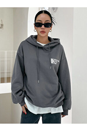 Cherish Time Sweatshirt - Füme Baskılı Oversize Şardonlu Kapüşonlu