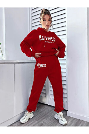 Kadın Kırmızı Happiness Alt Üst Eşofman Takımı Oversize Kapüşonlu