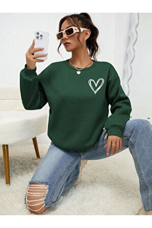 Mini Kalp Logo Kalın Kışlık Sweatshirt - Nefti Yeşil Baskılı Oversize Şardonlu Bisiklet Yaka