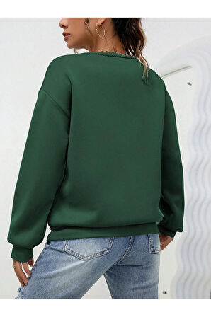 Mini Kalp Logo Kalın Kışlık Sweatshirt - Nefti Yeşil Baskılı Oversize Şardonlu Bisiklet Yaka