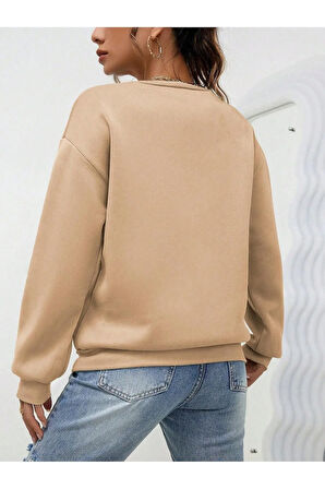 Mini Kalp Logo Kalın Kışlık Sweatshirt - Bej Baskılı Oversize Şardonlu Bisiklet Yaka