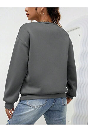 Mini Kalp Logo Kalın Kışlık Sweatshirt - Füme Baskılı Oversize Şardonlu Bisiklet Yaka