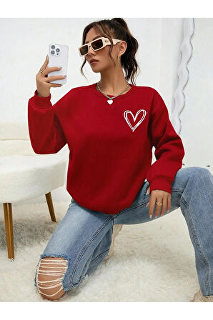 Mini Kalp Logo Kalın Kışlık Sweatshirt - Kırmızı Baskılı Oversize Şardonlu Bisiklet Yaka