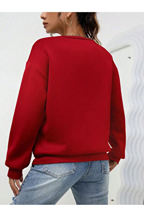 Mini Kalp Logo Kalın Kışlık Sweatshirt - Kırmızı Baskılı Oversize Şardonlu Bisiklet Yaka