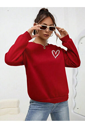 Mini Kalp Logo Kalın Kışlık Sweatshirt - Kırmızı Baskılı Oversize Şardonlu Bisiklet Yaka