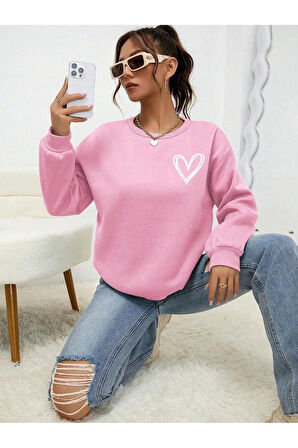 Mini Kalp Logo Kalın Kışlık Sweatshirt - Pembe Baskılı Oversize Şardonlu Bisiklet Yaka