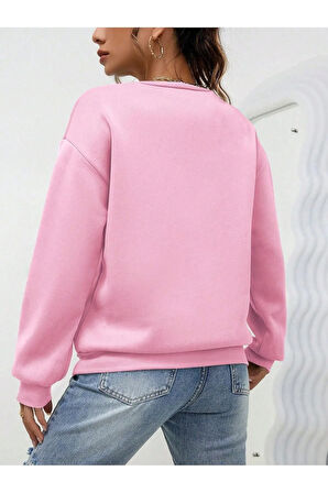 Mini Kalp Logo Kalın Kışlık Sweatshirt - Pembe Baskılı Oversize Şardonlu Bisiklet Yaka