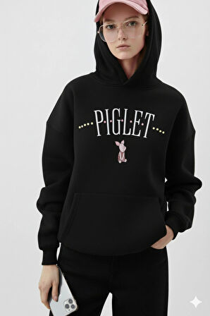 Piglet Baskılı Kapüşonlu Kanguru Cepli Bol Kesim Sweatshirt