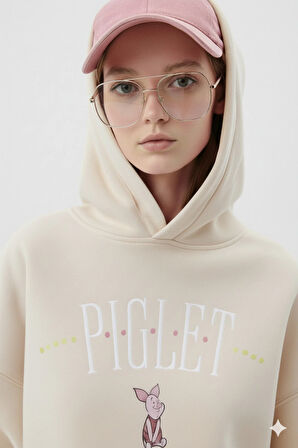 Piglet Baskılı Kapüşonlu Kanguru Cepli Bol Kesim Sweatshirt