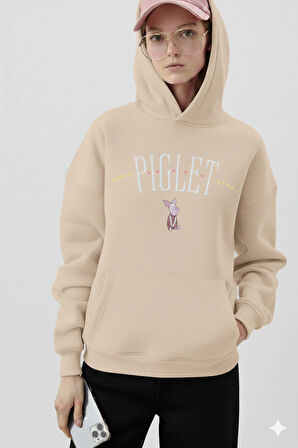 Piglet Baskılı Kapüşonlu Kanguru Cepli Bol Kesim Sweatshirt