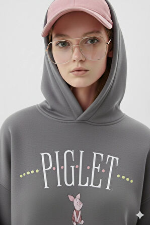 Piglet Baskılı Kapüşonlu Kanguru Cepli Bol Kesim Sweatshirt