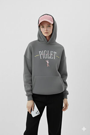 Piglet Baskılı Kapüşonlu Kanguru Cepli Bol Kesim Sweatshirt